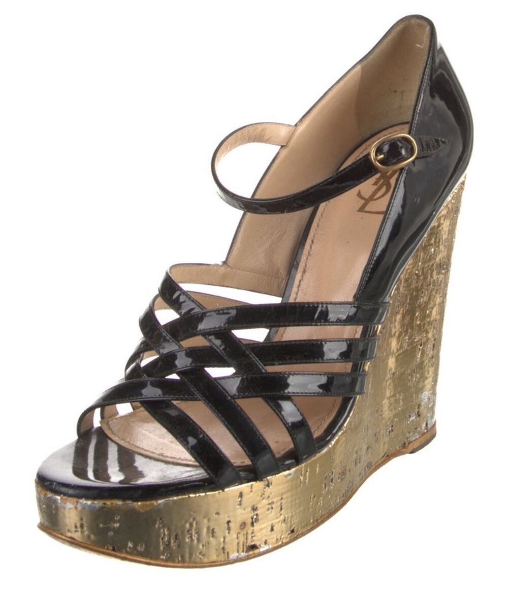 Authentic Yves Saint Laurent Black Patent Gold Wedge Strap Sandals Size EU 41